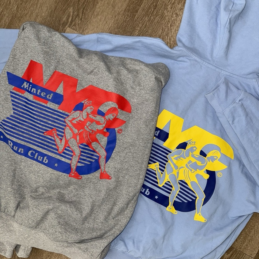 Lot Of 2 Minted New York NYC Run Club Hoodie Mens S Blue Grey Cotton Fleece Rare
